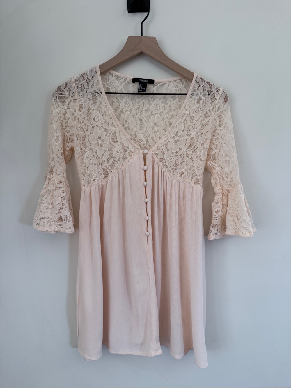 Forever 21 Peachy Cream Lace Babydoll Dress Bell Sleeve Romantic Boho Size Small